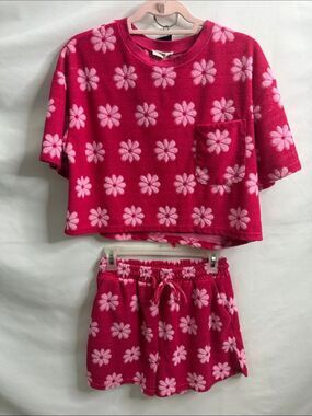 Girls Hot Pink Floral Short Sleeve Pajama Set with Pocket